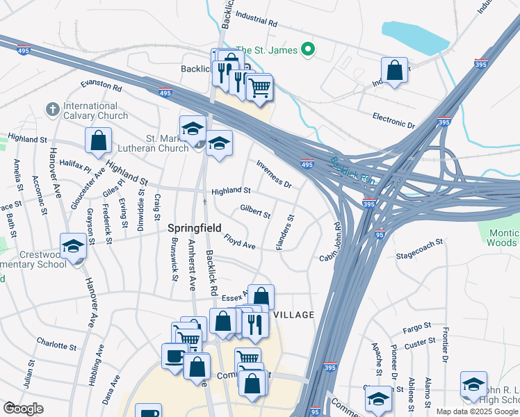 map of restaurants, bars, coffee shops, grocery stores, and more near 6904 Gilbert Street in Springfield