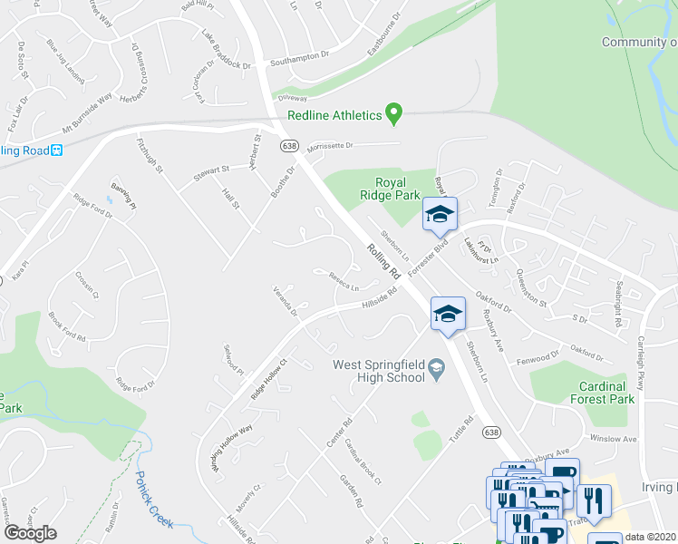 map of restaurants, bars, coffee shops, grocery stores, and more near 5950 Hall Street in West Springfield
