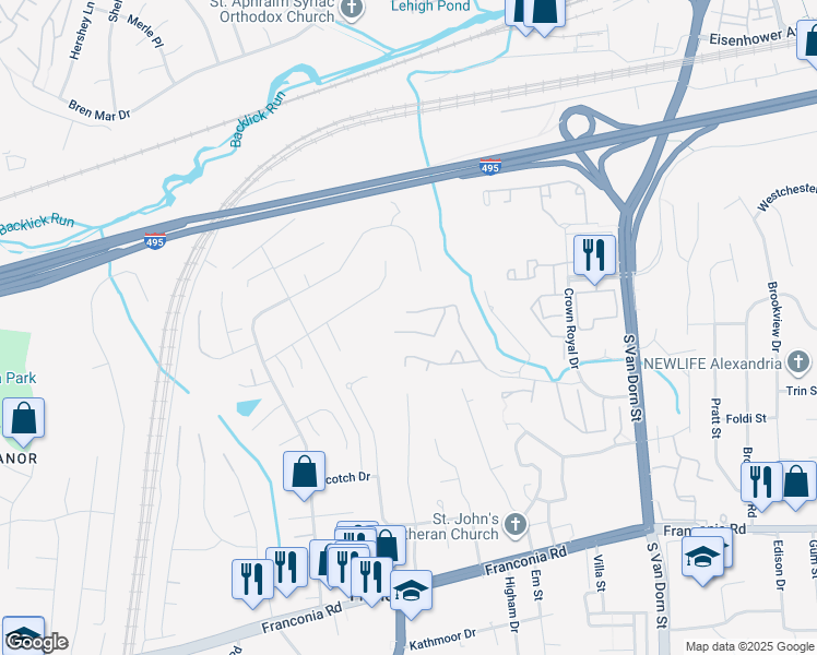 map of restaurants, bars, coffee shops, grocery stores, and more near 6168 Castletown Way in Alexandria