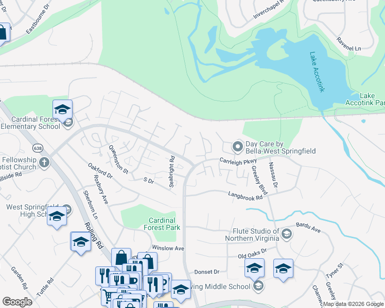 map of restaurants, bars, coffee shops, grocery stores, and more near 8231 Kings Charter Lane in West Springfield