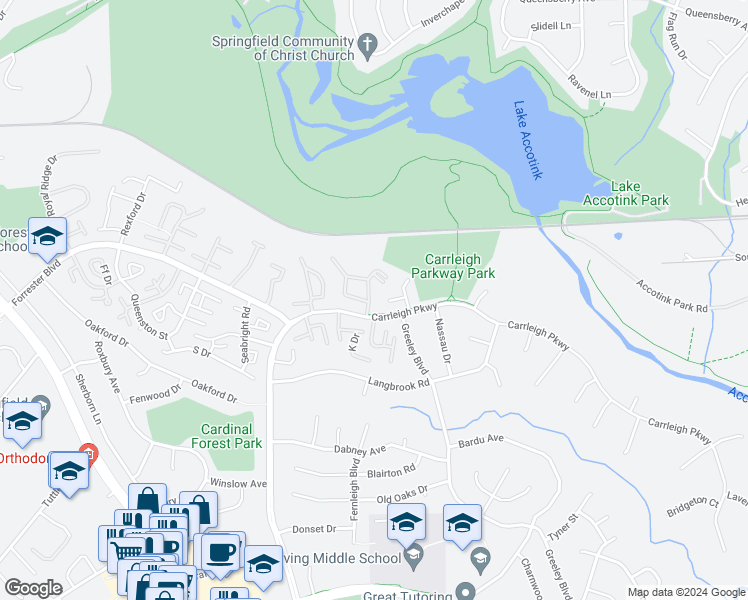 map of restaurants, bars, coffee shops, grocery stores, and more near 5923 Bayshire Road in Springfield