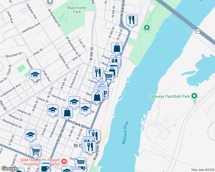map of restaurants, bars, coffee shops, grocery stores, and more near 1005 North 2nd Street in Saint Charles