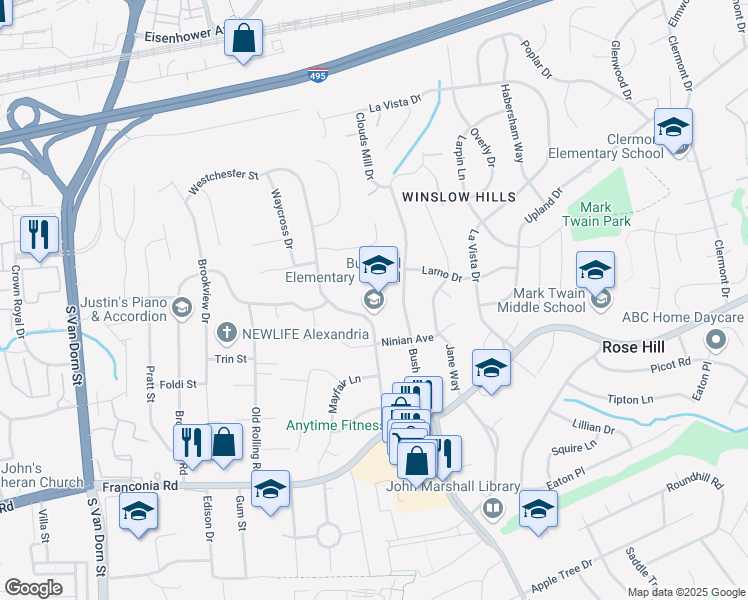 map of restaurants, bars, coffee shops, grocery stores, and more near 5927 Westchester Street in Alexandria