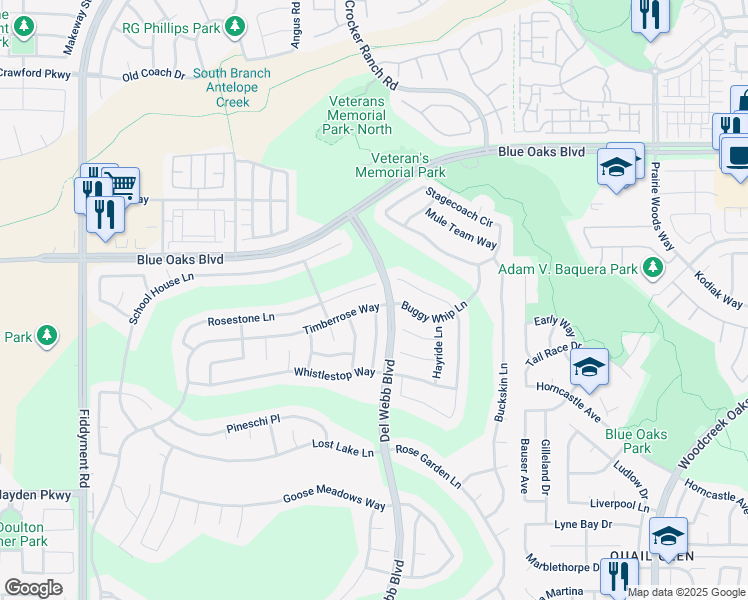 map of restaurants, bars, coffee shops, grocery stores, and more near 7604 Council Rock Road in Roseville