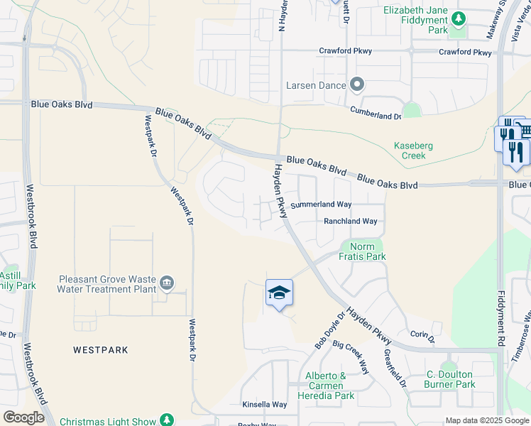map of restaurants, bars, coffee shops, grocery stores, and more near 2501 Hayden Parkway in Roseville