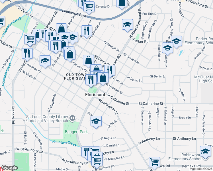 map of restaurants, bars, coffee shops, grocery stores, and more near 1136 Saint Francois Street in Florissant