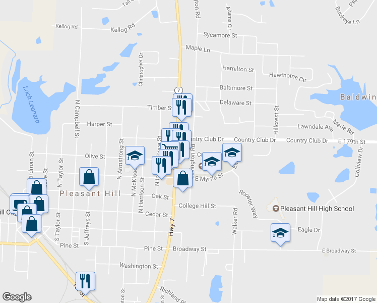 map of restaurants, bars, coffee shops, grocery stores, and more near 400 Missouri 7 in Pleasant Hill
