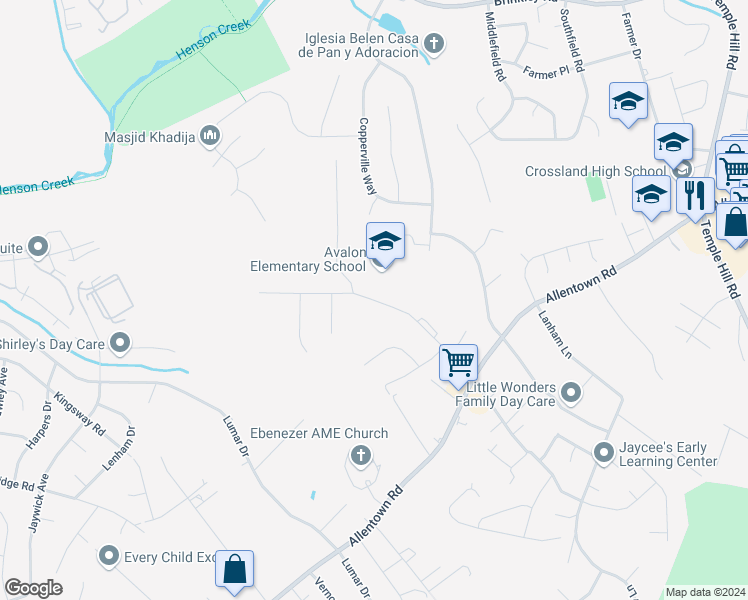 map of restaurants, bars, coffee shops, grocery stores, and more near 7302 Webster Lane in Fort Washington