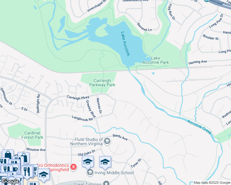 map of restaurants, bars, coffee shops, grocery stores, and more near 6005 Denton Court in West Springfield
