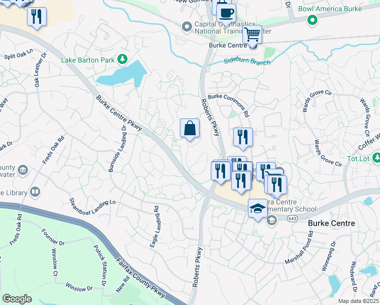 map of restaurants, bars, coffee shops, grocery stores, and more near 5943 1st Landing Way in Burke