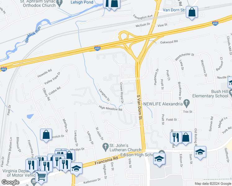 map of restaurants, bars, coffee shops, grocery stores, and more near 5947 Founders Hill Drive in Alexandria