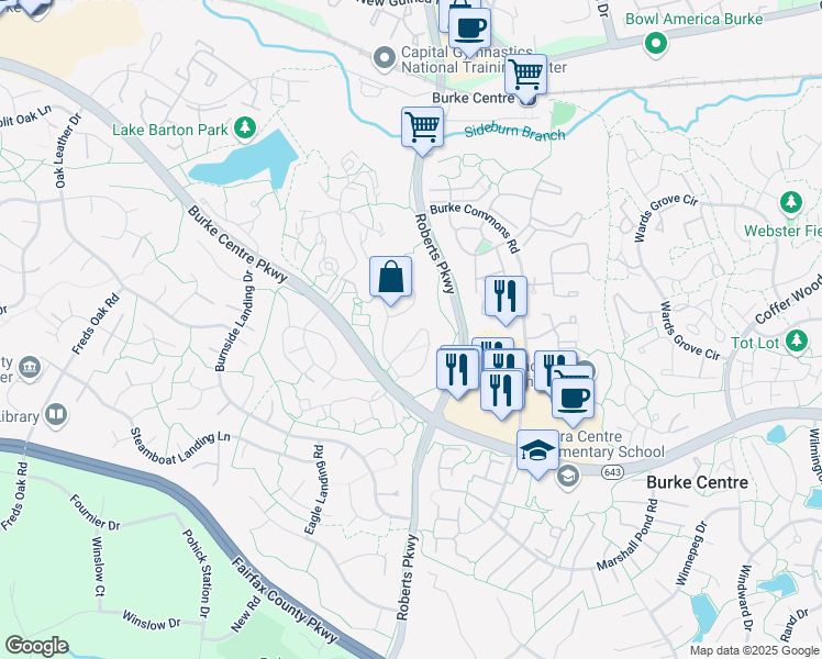 map of restaurants, bars, coffee shops, grocery stores, and more near 6108 Old Landing Way in Burke