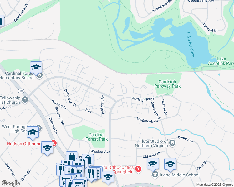 map of restaurants, bars, coffee shops, grocery stores, and more near 8231G Kings Charter Lane in Springfield