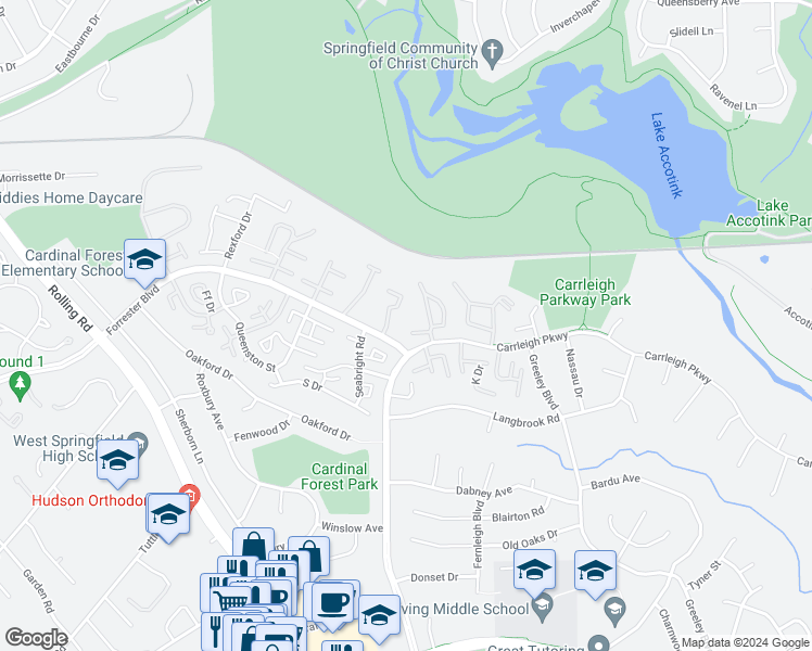 map of restaurants, bars, coffee shops, grocery stores, and more near 8231 Kings Charter Lane in West Springfield