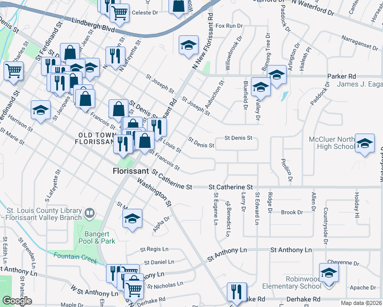 map of restaurants, bars, coffee shops, grocery stores, and more near 1372 Saint Louis Street in Florissant
