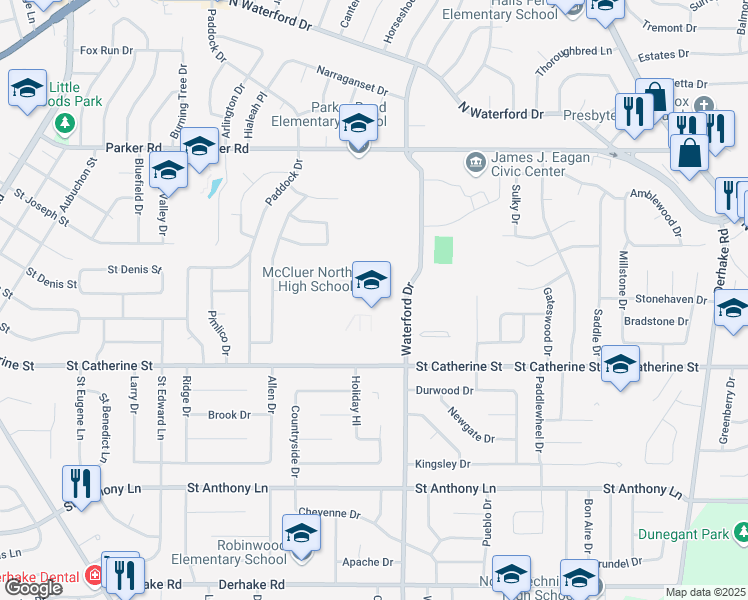 map of restaurants, bars, coffee shops, grocery stores, and more near 705 Waterford Drive in Florissant