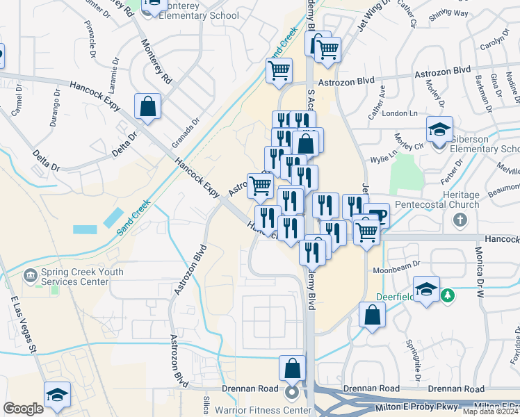 map of restaurants, bars, coffee shops, grocery stores, and more near 2910 South Academy Boulevard in Colorado Springs