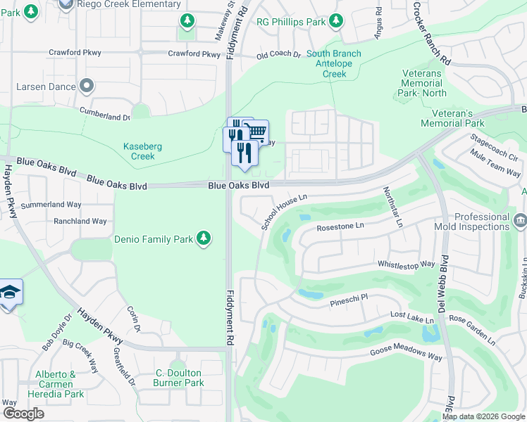 map of restaurants, bars, coffee shops, grocery stores, and more near 7346 School House Lane in Roseville