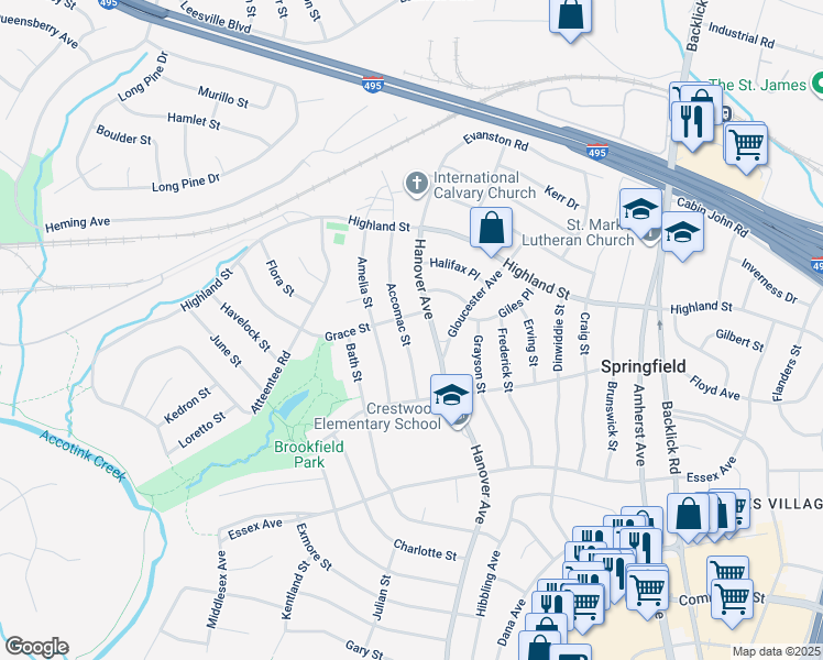 map of restaurants, bars, coffee shops, grocery stores, and more near 5903 Accomac Street in Springfield