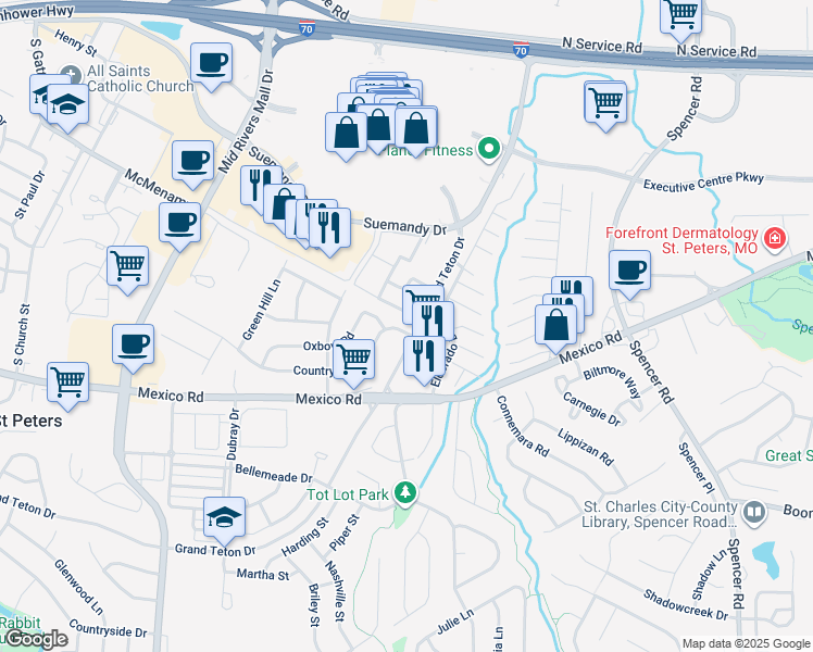 map of restaurants, bars, coffee shops, grocery stores, and more near 2 Country Hill Road in St. Peters
