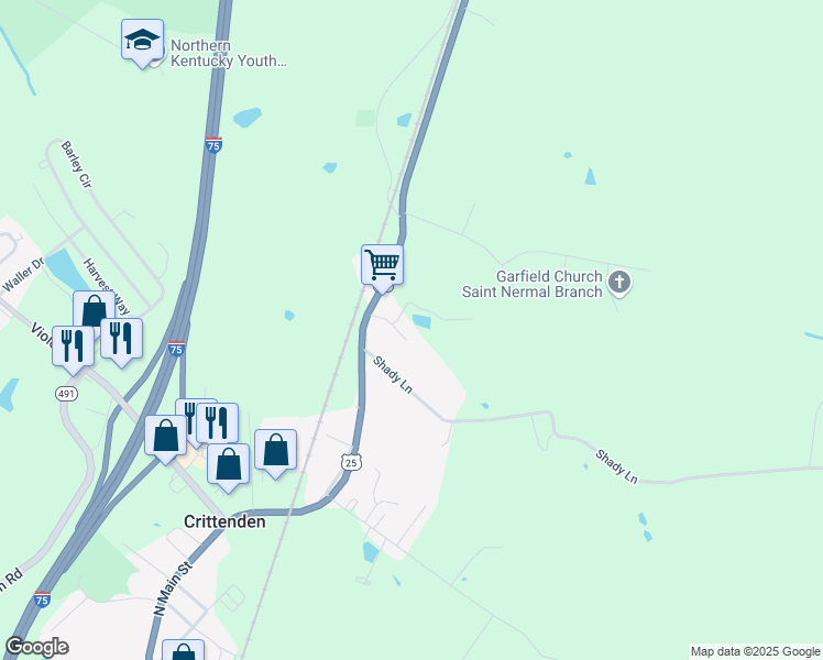map of restaurants, bars, coffee shops, grocery stores, and more near 135 Kyley Lane in Crittenden