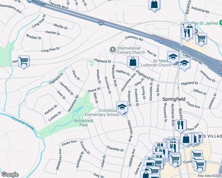 map of restaurants, bars, coffee shops, grocery stores, and more near 5903 Accomac Street in Springfield