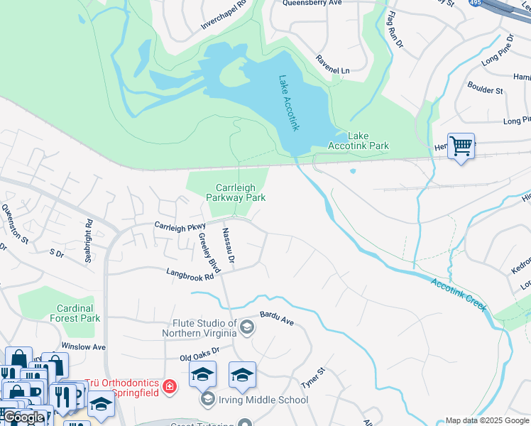 map of restaurants, bars, coffee shops, grocery stores, and more near 6005 Denton Court in West Springfield