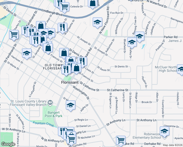map of restaurants, bars, coffee shops, grocery stores, and more near in Florissant