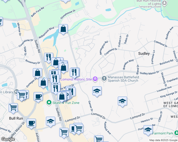 map of restaurants, bars, coffee shops, grocery stores, and more near 10330 Copeland Drive in Manassas