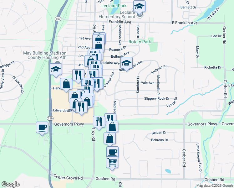 map of restaurants, bars, coffee shops, grocery stores, and more near 600 Harvard Drive in Edwardsville