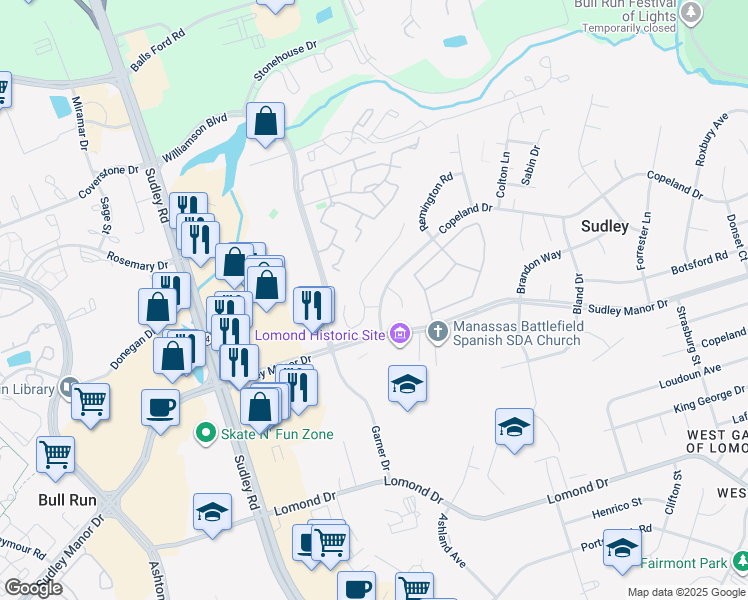 map of restaurants, bars, coffee shops, grocery stores, and more near 10330 Copeland Drive in Manassas