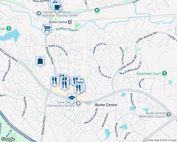 map of restaurants, bars, coffee shops, grocery stores, and more near 10210 Sassafras Woods Court in Burke