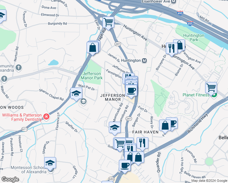 map of restaurants, bars, coffee shops, grocery stores, and more near 2727 Fort Drive in Alexandria