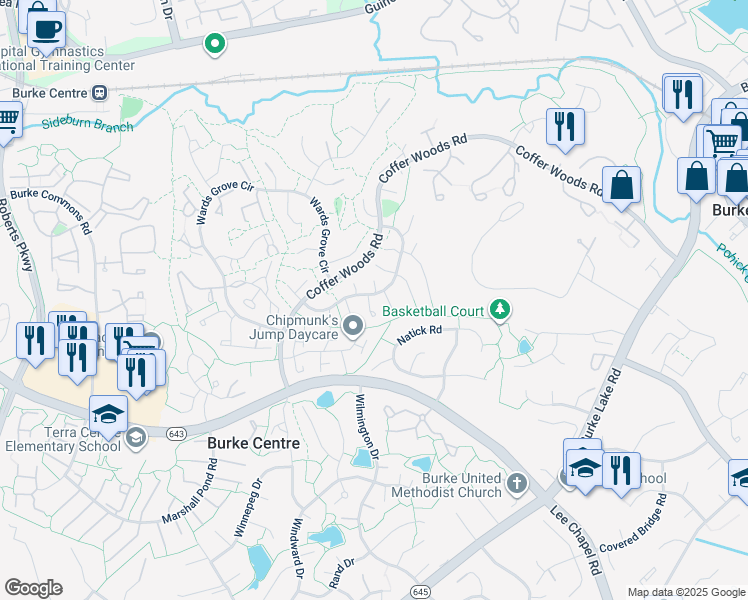 map of restaurants, bars, coffee shops, grocery stores, and more near 5922 New England Woods Drive in Burke