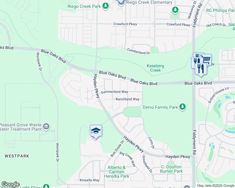 map of restaurants, bars, coffee shops, grocery stores, and more near 2501 Ranchland Way in Roseville