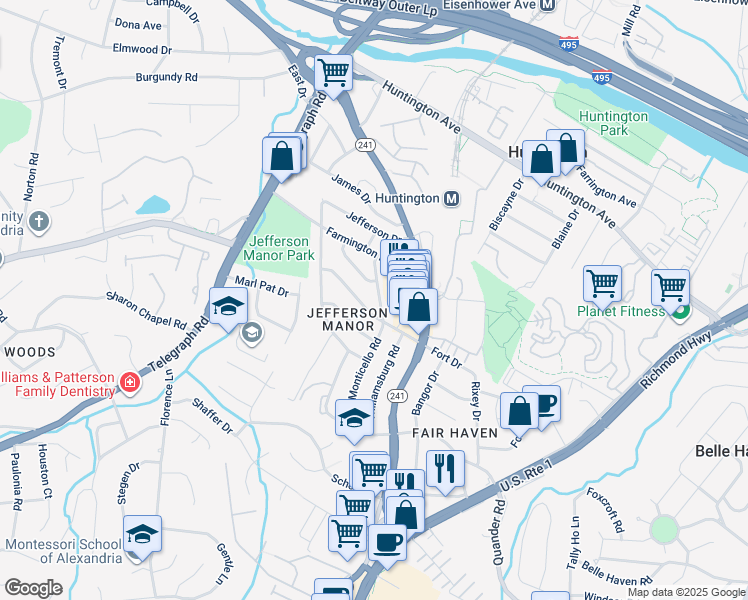 map of restaurants, bars, coffee shops, grocery stores, and more near 5900 Monticello Rd in Alexandria