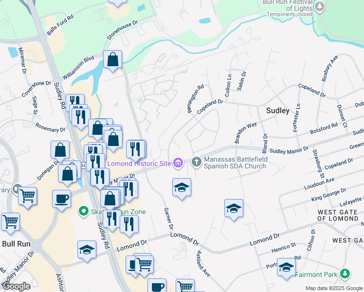 map of restaurants, bars, coffee shops, grocery stores, and more near 7681 Callan Drive in Manassas