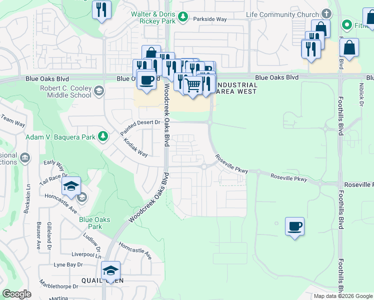 map of restaurants, bars, coffee shops, grocery stores, and more near 8850 Crimson Ridge Way in Roseville