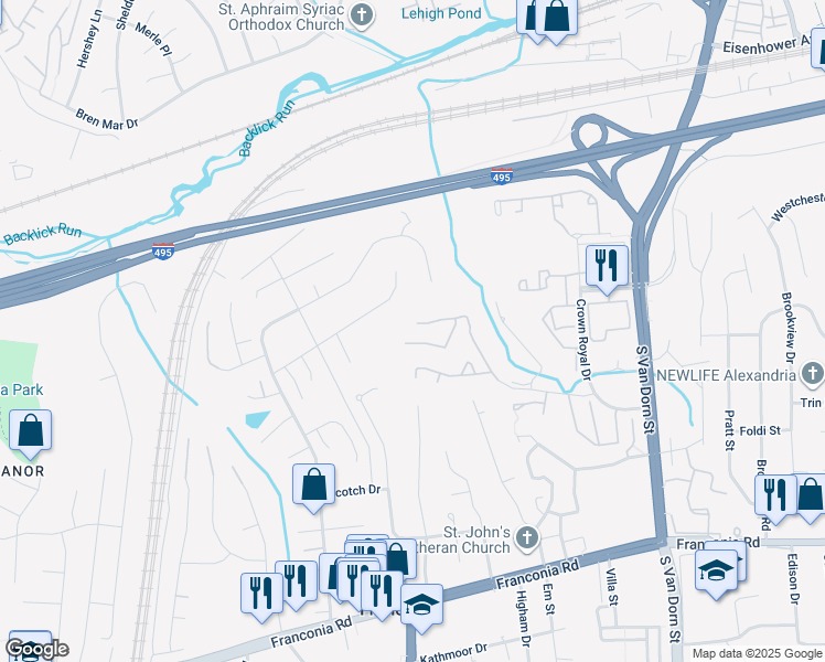 map of restaurants, bars, coffee shops, grocery stores, and more near 6073 Knights Ridge Way in Alexandria
