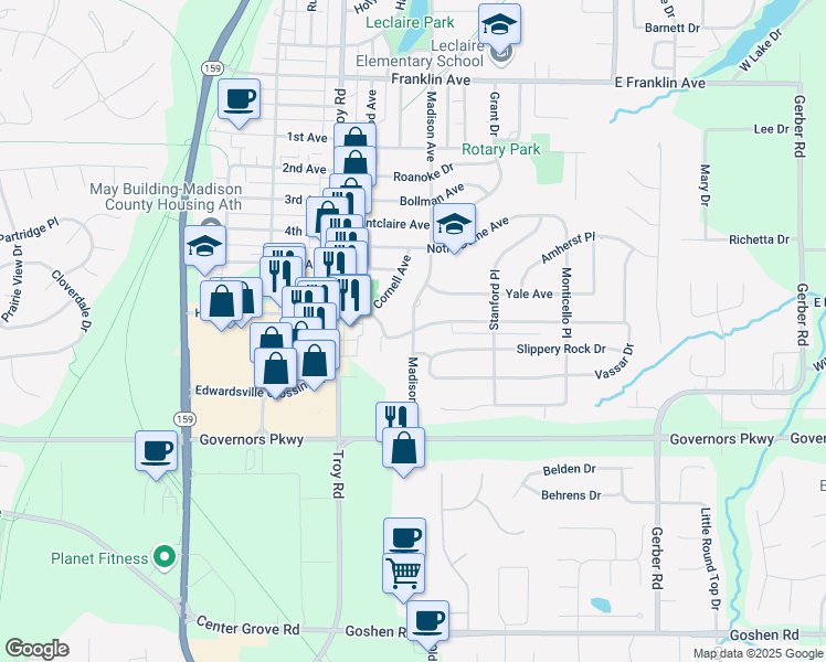 map of restaurants, bars, coffee shops, grocery stores, and more near 2098 Madison Avenue in Edwardsville
