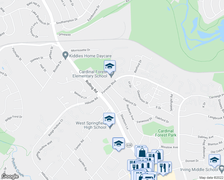 map of restaurants, bars, coffee shops, grocery stores, and more near 8519 Oakford Drive in West Springfield