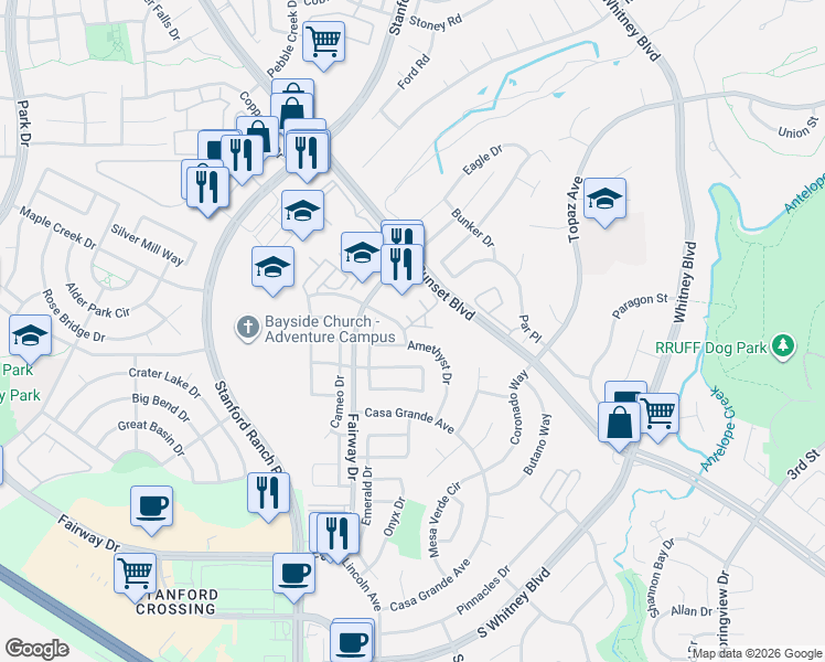 map of restaurants, bars, coffee shops, grocery stores, and more near 3622 Amethyst Drive in Rocklin