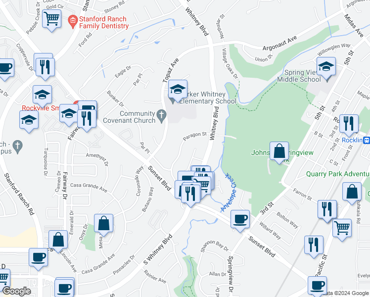 map of restaurants, bars, coffee shops, grocery stores, and more near 5340 Comstock Court in Rocklin