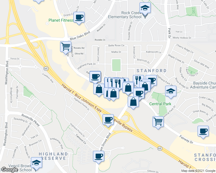 map of restaurants, bars, coffee shops, grocery stores, and more near 10357 Fairway Drive in Roseville