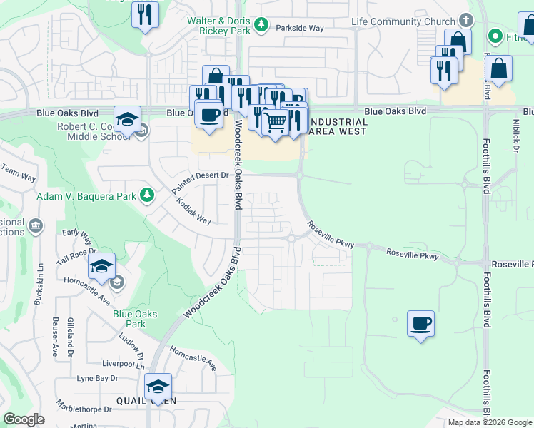map of restaurants, bars, coffee shops, grocery stores, and more near 8850 Crimson Ridge Way in Roseville