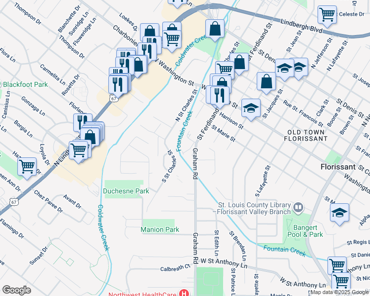 map of restaurants, bars, coffee shops, grocery stores, and more near 23 Quick Drive in Florissant