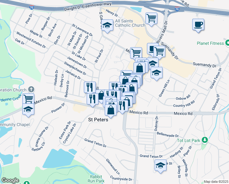 map of restaurants, bars, coffee shops, grocery stores, and more near 411 Mid Rivers Mall Drive in St. Peters