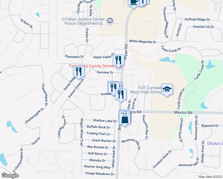 map of restaurants, bars, coffee shops, grocery stores, and more near 1341 Sunburst Drive in O'Fallon