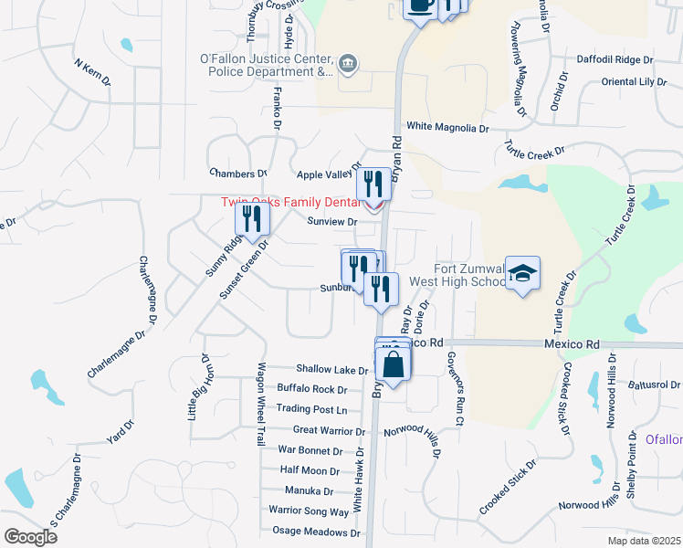 map of restaurants, bars, coffee shops, grocery stores, and more near 1341 Sunburst Drive in O'Fallon