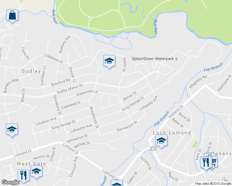 map of restaurants, bars, coffee shops, grocery stores, and more near 9600 Greenview Lane in Manassas